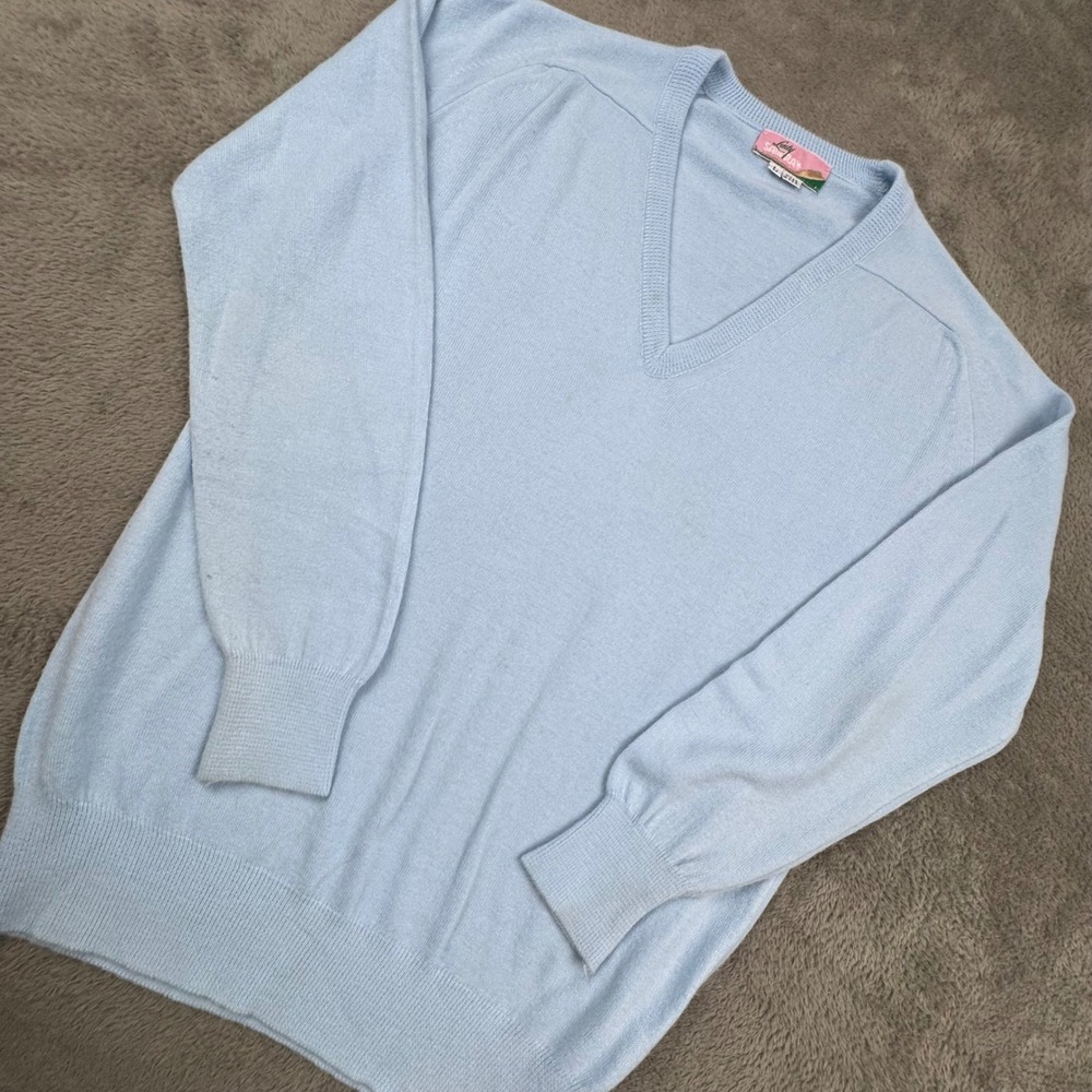 Lady Santora V-Neck Sweater Womens L Blue Good Vintage 90s Grandmacore USA Made